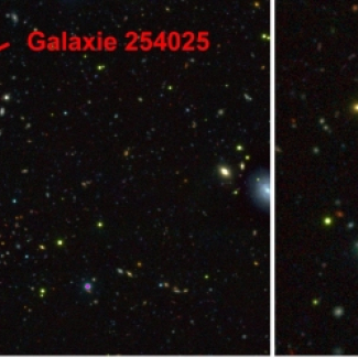A gauche : image composite d'un champ de galaxies lointaines obtenue d'après des clichés de la caméra Surprime-Cam du télescope Subaru et de la caméra WIRCam du télescope CFH. La galaxie lointaine, 254025, à une distance de 10 milliards d'années-lumière, est un minuscule point rouge. A droite, un zoom sur la position de la galaxie marquée par un carré. © Subaru/CFHT/SAp.[...]