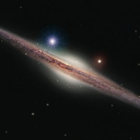 Représentation artistique de la source X, nommée HLX-1 (point lumineux bleu en haut à gauche du bulbe galactique). Elle est située dans la périphérie de la galaxie spirale ESO 243-49. © Heidi Sagerud.[...]