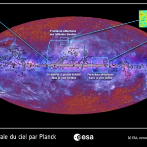 Carte intégrale du ciel obtenue avec le satellite Planck de l’ESA. Sur cette carte, des images obtenues avec Planck ont été positionnées. Les noms de certaines structures de la Voie lactée ont été rajoutés. © ESA, HFI & LFI Consortia.[...]