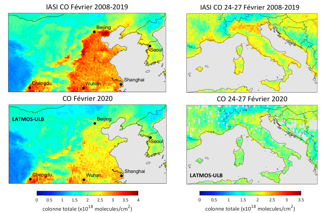 Monoxyde de carbone mesuré par la mission satellite IASI, en Chine (à gauche) et en Italie (à droite).