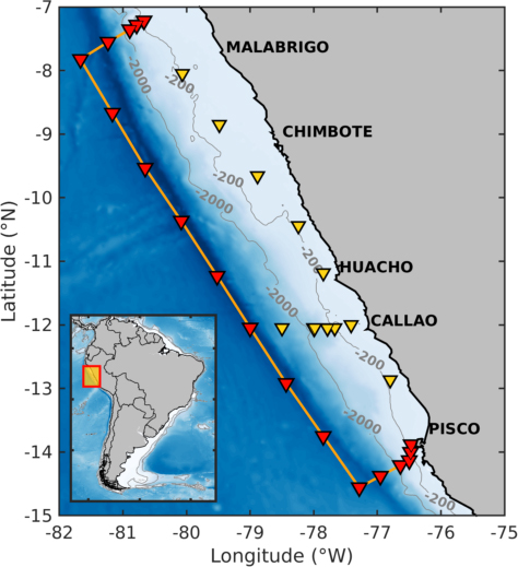 Carte bathymétrique indiquant des stations d’échantillonnage et un transect off-shore de la campagne AMOP