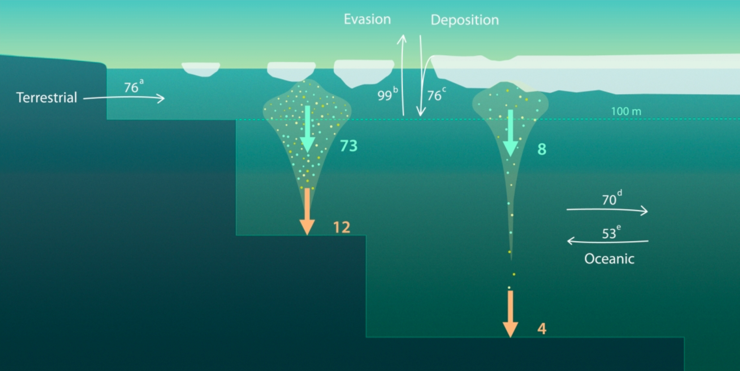 Illustration du bilan de mercure dans l'océan Arctique (flux en tonnes par an).