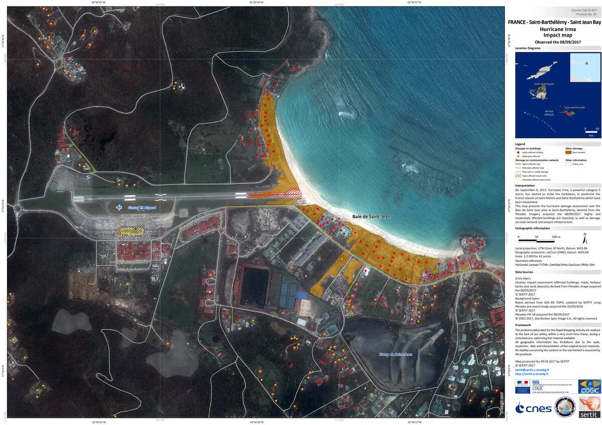 Carte de l'&eacute;valuation des d&eacute;g&acirc;ts de l&rsquo;ouragan Irma dans la baie de Saint-Jean &agrave; Saint-Barth&eacute;l&eacute;my