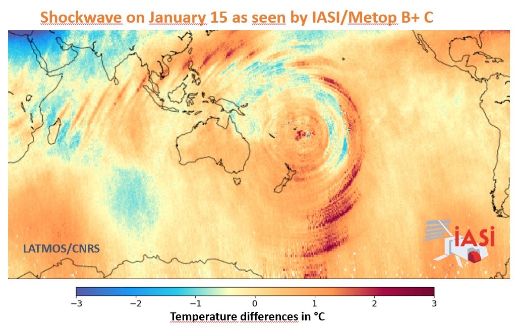 Onde de choc de l'éruption du Hunga Tonga, le 15 janvier (via le satellite IASI) © LATMOS / CNRS