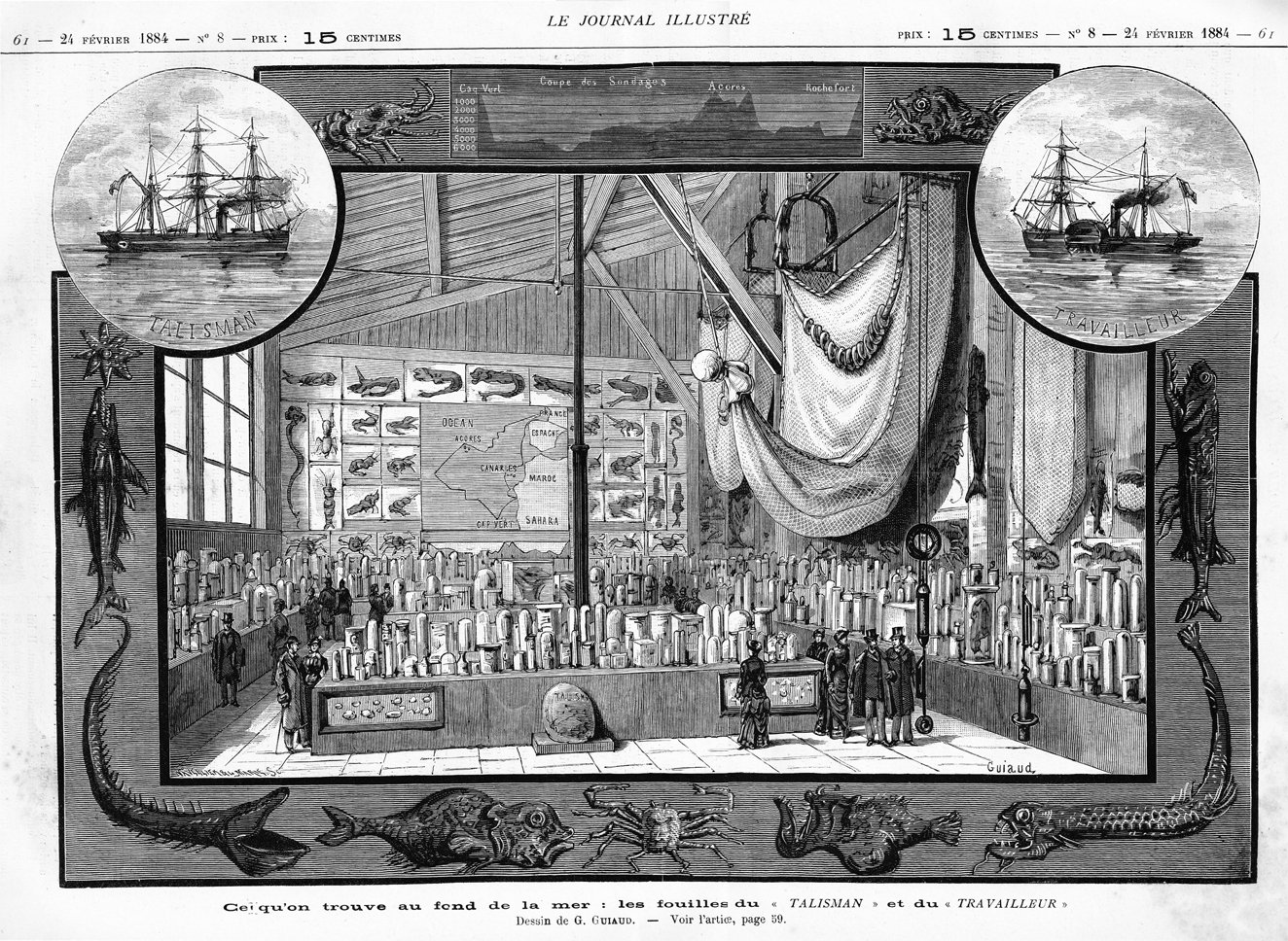 Vue de l'exposition sur les expéditions du Travailleur et du Talisman, au Muséum d'histoire naturelle. Parue le dimanche 24 février 1884 dans Le Journal Illustré, Année 20, n°8.