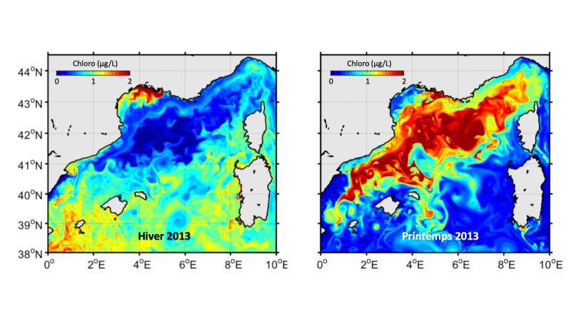 Cartes des concentrations en chlorophylle a de surface pendant l’opération DEWEX au cours de l’hiver-printemps 2013, marqué par une intense convection profonde (fournies par F. Kessouri). Ces cartes de méditerranée Nord occidentale illustrent en hiver, le fameux « blue hole » à l’origine ensuite de l’efflorescence printanière.