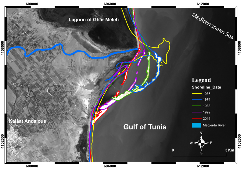 Erosion des plages sableuses A/ aux alentours de l’ancien delta de la Medjerda, Golfe de Tunis, Tunisie 