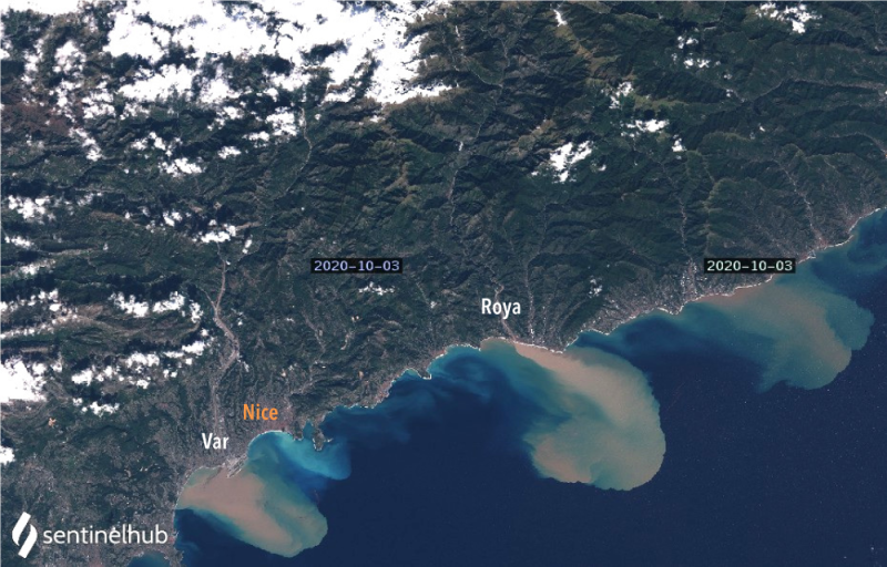 Image satellite datée du 3 octobre montrant les panaches sédimentaires dans la Méditerranée © Sentinelle 2