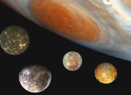 Montage d’images donnant une idée de la taille des 4 plus grandes lunes de Jupiter