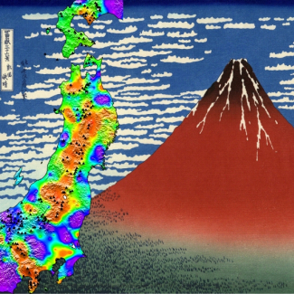 L'imagerie de la susceptibilité sismique permet de détecter les régions affectées par des pressions élevées de fluides volcaniques. La figure de fond est référencée comme le “Fuji Rouge” (Katsushika Hokusai, 1830). 
© Florent Brenguier
[...]