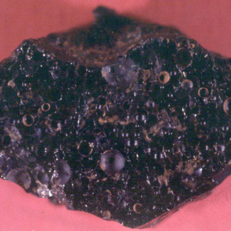 Sur ce verre basaltique « pop-corn », collecté sur la dorsale atlantique, on aperçoit les petites vésicules qui se forment lors de la remontée du magma (les plus grosses mesurent deux millimètres de diamètre).

© IDES/Philippe Sarda. Image disponible auprès de la photothèque du CNRS : phototheque@cnrs-bellevue.fr.[...]