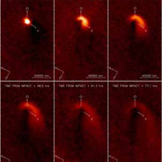 Evolution temporelle du nuage de poussière émis lors de l'impact sur le noyau de la comète Tempel-1.

Cette séquence d'images a été obtenue par la caméra à haute résolution NAC/OSIRIS à bord de la sonde ROSETTA de l'ESA avec le filtre orange (650 +/- 85 nm). Une image pré-impact de la comète a été soustraite des images post-impact afin de visualiser plus facilement le nuage de poussières émis. Les grains de poussière sont progressivement injectés dans la queue de poussière de la comète après avoir qu[...]