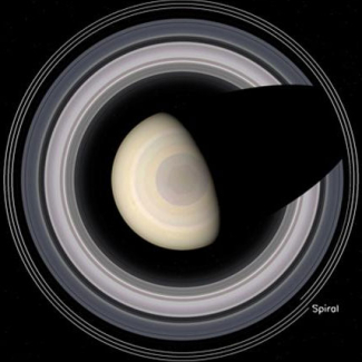 Vu d'au-dessus du pôle Nord de Saturne, la spirale de l'anneau F ressemblerait schématiquement à ceci.

La spirale se trouve à 140 000 km de Saturne et son épaisseur n'est que de 800 km. Sur ce schéma la dimension radiale  de la spirale a été exagérée, montrée à l'échelle on ne verrait en fait qu'un cercle.

© Science. Réalisation Frédéric Durillon (Animea).[...]