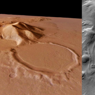 A gauche : Le « glacier sablier » photographié par la sonde Mars Express à l'est du bassin d'Hellas : A présent sous une couche de sédiment protectrice, la glace du petit cratère (diamètre 9 km) a flué dans le grand cratère en contrebas, large de 16 km (© ESA/DLR/FU berlin (G. Neukum). A droite, une « langue » de 5 km analogue à un glacier rocheux terrestre observé par Mars Global Surveyor dans la même région.

© ESA/DLR/FU berlin (G. Neukum).  NASA/JPL/MSSS[...]