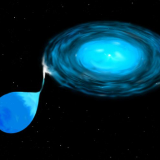 Représentation artistique d'une binaire X (étoile compagnon, disque d'accrétion).

© Dana Berry/STScI.[...]