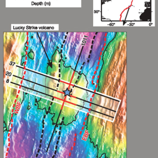 Segment de la dorsale médio-Atlantique au site Lucky Strike.

Le contour fin noir est à 2000 mètres de profondeur, il délimite le volcan au centre de la vallée axiale et l'étoile bleue indique le champ hydrothermal. Les pointillés rouges indiquent les failles qui bordent la vallée axiale et les pointillés noirs celles qui délimitent le fossé central (rift). Le rectangle blanc indique la zone d'étude, les traits noirs les profils de sismique réflexion et les traits rouges l'emplacement de la chambre m[...]