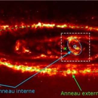 Les deux anneaux au sein de la galaxie Andromède observés avec la caméra infrarouge IRAC du satellite Spitzer.

© Spitzer/NASA. LERMA. OP. CNRS. CEA.[...]