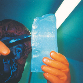 Observation d'une carotte de glace du forage groenlandais DYE-3, dans une chambre froide du département de Glaciologie de l'Université de Copenhague. Les carottes seront fondues pour en extraire les micrométéorites.

© CNRS Photothèque  /  DUPRAT Jean, ENGRAND Cécile.[...]
