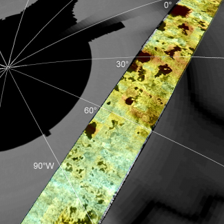 Vue du pôle nord de Titan contenant les lacs.

© NASA/JPL, Cassini Radar Team, F. Paganelli.[...]
