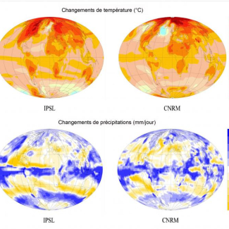Distribution géographique des différences de température et de précipitations entre la fin du XXIe siècle et la fin du XXe siècle, calculée avec les modèles IPSL et CNRM dans le cadre du scénario A2.

© IPSL. CNRM.[...]