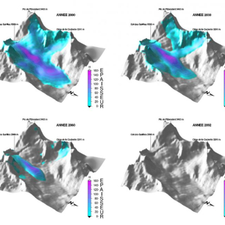 Disparition du glacier de Saint Sorlin au cours du XXIe siècle telle que simulée par un modèle d'écoulement glaciaire forcé par des bilans de masse modélisés à partir du scénario B1 du GIEC.

© Gerbaux Martin, thèse de doctorat de l'Université Joseph Fourier, LGGE.[...]
