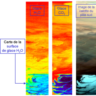 Images de la calotte polaire sud de Mars obtenues avec le spectromètre imageur OMEGA embarqué à bord de la sonde Mars Express de l'ESA. A droite image de la calotte, au centre image de la glace de CO<sub>2</sub>, à gauche image de la glace de H<sub>2</sub>O.

© ESA. CNES. CNRS. IAS.[...]