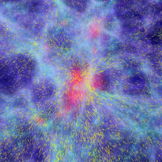 Image tirée d'une simulation numérique de la formation des grandes structures de l'Univers.

Cette image montre un échantillon de 100 millions d'années-lumière et le résultat du mouvement des galaxies glissant vers la plus grande concentration de masse au centre. Les couleurs mettent en évidence la densité de la masse de chaque zone : en rouge les régions les plus denses et en noire les moins denses. La ligne jaune indique l'intensité et la direction de la vitesse des galaxies. On peut ainsi mesurer [...]