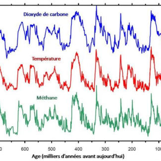 Evolution des deux gaz à effet de serre de l'atmosphère les plus importants après la vapeur d'eau : le dioxyde de carbone (courbe bleue) et le méthane (courbe verte), au cours des derniers 800 000 ans.

La reconstitution de la température en Antarctique (courbe rouge) est issue des mesures des isotopes de l'eau constituant la glace. Les données de dioxyde de carbone proviennent de plusieurs carottes de glace (Vostok, Taylor Dome, EPICA Dôme C). Celles du méthane sont entièrement issues du forage EPIC[...]