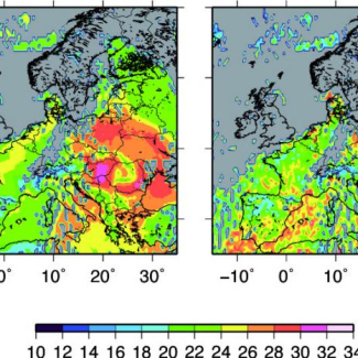 Champs d'ozone au-dessus de l'Europe le 17 juillet 2007, modélisés par CHIMERE (à gauche) et mesurés par IASI (à droite). De fortes quantités d'ozone, bien reproduites par le modèle, sont observées sur l'Europe de l'Est.

© LISA[...]