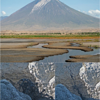 En haut : Image du volcan des Massaï, le Oldoinyo Lengia (montagne des dieux) avec en blanc, une coulée de carbonate liquide récente. 

En bas : Deux images du lac de lave illustrant le caractère très fluide de ces laves aux extraordinaires propriétés électriques.

© © Hannes Mattsson, ETH Zurich.[...]