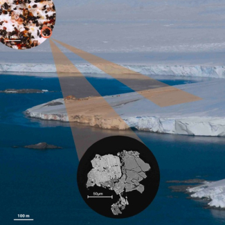 Vue aérienne de Cap Prudhomme (Terre Adélie) ou la micrométéorite a été extraite en 1987 par Michel Maurette
© Delphine Six (INSU-CNRS/UJF/OSUG)
Vignette en haut à gauche : sable glaciaire extrêmement enrichi en micrométéorites (objets noirs) obtenu après fusion et filtration de la glace 
© Michel Maurette (CNRS-CSNSM)
Vignette du bas : Micrométéorite : Distribution du calcium dans la micrométéorite MM40 (taille 100 microns). Cette distribution indique qu'il s'agit d'un objet différencié qui a subi[...]