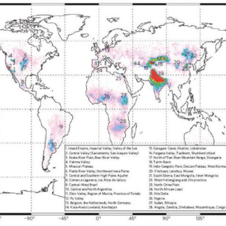Cartographie des émissions mondiales d'ammoniac pour l'année 2008, mesurées par le sondeur IASI/MetOp. Les sources d'émission importantes sont identifiées dans la légende.

© ULB, CNES et INSU-CNRS.[...]