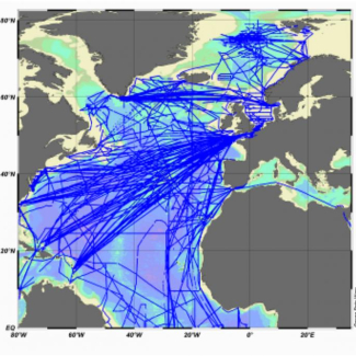 Distribution des observations internationales de CO2 dans les eaux de surface de l'Atlantique Nord (années 2000-2007).[...]