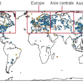 Distribution des tendances du vent en surface de 1979 à 2008 en m/s/décade. L'augmentation ou la diminution de la vitesse relevée des vents est indiquée par une couleur (vers le rouge pour l'augmentation, vers le bleu pour la diminution). © CEA.[...]