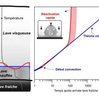 Représentation schématique du réveil d'un réservoir de lave visqueuse. L'arrivée de nouveau magma fait fondre la base de la lave visqueuse, ce qui crée une mince couche de lave chaude qui ne mettra  que quelques jours à faire convection. A ce moment, le système est donc composé de bas en haut de la nouvelle lave dense, de la couche plus légère de lave réchauffé et du reste du réservoir de lave encore froide et immobile (schéma de gauche). La lave réchauffée est moins dense que le magma situé au-dessus;[...]