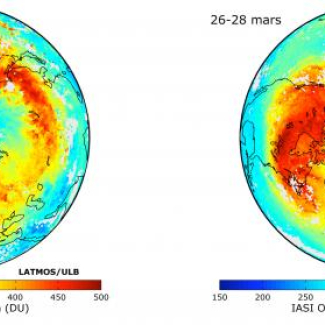 Distribution du contenu total d'ozone mesurée par l'instrument IASI à bord du satellite MetOp, pour les périodes 18-20 mars et 26-28 mars 2011. Les couleurs jaunes à rouges indiquent les régions de fortes concentrations d'ozone, les couleurs bleues celles de concentrations deux fois plus basses. Les structures grises sont des nuages. © M. George, LATMOS[...]
