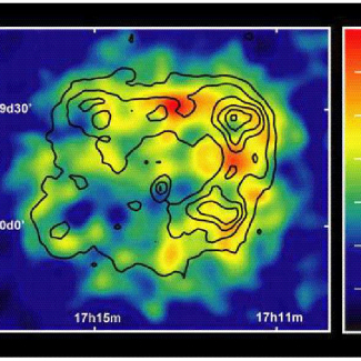 Cartographie en niveaux de couleurs linéaires des rayons-gamma du reste de supernova RX J1713.7-3946. La résolution spatiale de HESS est de 3 minutes d'arc. Les contours superposés sont les rayons X (1-3 KeV) observés par ASCA, avec une résolution comparable.

© HESS.[...]