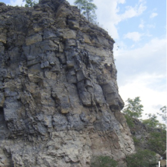 Affleurement de la carrière de Terconi, Mato Grosso, Brésil. La partie inférieure montre une couche dolomitique rose surmontée de calcaires gris, plus riche en matière organique. Ces carbonates reposent directement au-dessus des sédiments glaciaires Marinoens. © Sans-Jofre[...]