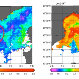Évolution des concentrations en chlorophylle en Méditerranée nord-occidentale (2012) : à gauche, un événement remarquable de convection profonde qui s'est déroulé fin février (zone violette) et à droite un intense événement de floraison qui s'est produit un mois plus tard au même endroit.
<br />Images Satellite MODIS Aqua NASA, retraitées au LOV[...]