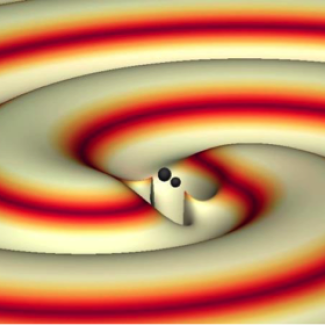 Simulation de l’évolution des deux trous noirs, juste avant leur fusion, et des ondes gravitationnelles qu’ils produisent. © Max Planck Institute for Gravitational Physics.[...]