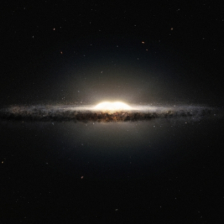Cette vue d'artiste montre ce à quoi notre galaxie, la Voie Lactée, ressemblerait, si nous l'observions depuis le dessus et sous un autre angle que celui sous lequel nous l'apercevons depuis la Terre. Le bulbe central apparaît sous la forme d'une cacahuète constituée d'étoiles rougeoyantes et les bras spiraux ainsi que les nuages de poussière associés forment une bande étroite.
Crédits : ESO/NASA/JPL-Caltech/M. Kornmesser/R. Hurt[...]
