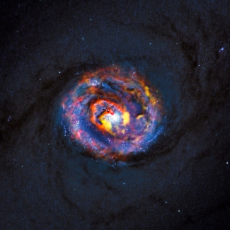 Cette vue détaillée montre les régions centrales de la galaxie active proche NGC 1433. L'image du fond, de couleur bleue sombre, a été obtenue par le Télescope Spatial Hubble du consortium NASA / ESA – elle montre l'existence de bandes de poussière au centre de la galaxie. Les structures colorées situées à proximité du centre apparaissent sur les observations d'ALMA qui ont révélé, pour la toute première fois, l'existence d'une forme spirale et d'un écoulement inattendu.

Crédit:

ALMA (ESO/NAOJ/NR[...]