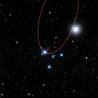 Vue d'artiste de l'étoile S2 passant à très près du trou noir super-massif situé au centre le Voie Lactée - 
L'instrument GRAVITY a été testé avec succès sur l'étoile S2 au printemps 2016. L'orbite de S2 est représentée en rouge tandis qu'une croix rouge indique l'emplacement du trou noir central. Crédit : ESO/L. Calçada[...]
