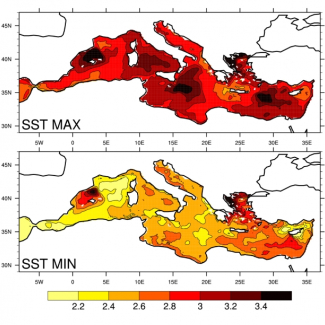 Cartes des anomalies minimales et maximales de température de surface prévues par l'ensemble de simulations à la fin du XXIe siècle (par rapport à la fin du XXe siècle).
[...]