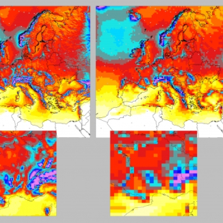 Distributions moyennes annuelles des pluies intenses simulées pour le climat actuel par un des modèles de l’exercice Euro-Cordex, à haute résolution soit 12 km ce qui correspond à la nouvelle génération de simulations (à gauche), et à basse résolution soit 50 km (à droite). Noter en particulier les différences le long des massifs montagneux en Corse. Ces distributions sont issues de simulations et non d’observations et contiennent donc des imprécisions. © Augustin Colette, INERIS[...]
