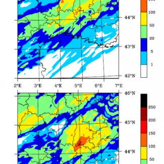 Comparaison de la pluie simulée (en mm) par deux simulations faites avec le modèle Méso-NH pour un cas de forte pluie le 6 septembre 2010. La valeur de la tendance temporelle de l'évaporation des gouttes de pluie a été réduite de 50 % pour la simulation du haut et augmentée de 50 % pour la simulation du bas. © LA [...]