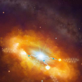 Vue d'artiste des nuages moléculaires géants entourant le centre de la Galaxie, bombardés par des protons de très haute énergie accélérés au voisinage du trou noir central, et de ce fait brillant en rayons gamma. © Dr Mark A. Garlick/ HESS Collaboration[...]