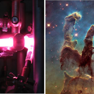 Le traitement ultraviolet des glaces pré-cométaires (à gauche) reproduit l'évolution naturelle des glaces interstellaires observées dans un nuage moléculaire (à droite, les piliers de la création), conduisant à la formation de molécules de sucre.
Image de gauche © Louis Le Sergeant d'Hendecourt (CNRS).
Image de droite © NASA, ESA, and the Hubble Heritage Team (STScI/AURA)[...]