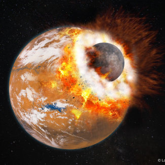 <strong>Vue d'artiste de l'impact géant qui aurait donné naissance à Phobos et Deimos et au bassin d'impact Boréalis.</strong><br>
L'impacteur devait faire environ le tiers de la taille de Mars. A cette époque, Mars était jeune et possédait peut-être une atmosphère plus épaisse et de l'eau liquide en surface.<br>
© Université Paris Diderot / Labex UnivEarthS.[...]