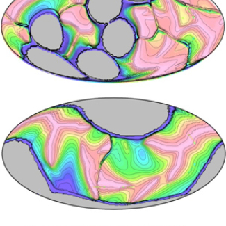 Répartition des âges de fonds océaniques synthétiques (en couleur) dans un modèle de convection du manteau terrestre avec 3 continents à gauche et 6 continents à droite (les continents sont en gris). Les modèles mettent en jeu un comportement mécanique produisant naturellement en surface une tectonique des plaques. Les distributions d'âges présentées correspondent à des instants précis dans les évolutions calculées : à gauche la répartition des âges a la particularité de reproduire statistiquement cell[...]